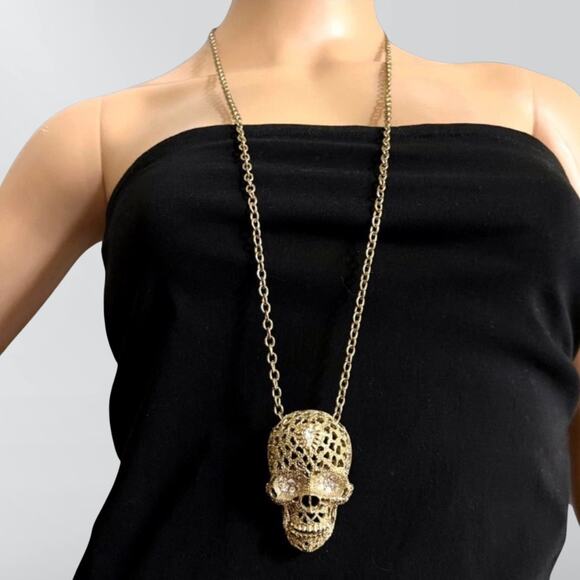 Gold Metal Skull Necklace with Rhinestones & Movable Jaw - Picture 2 of 2